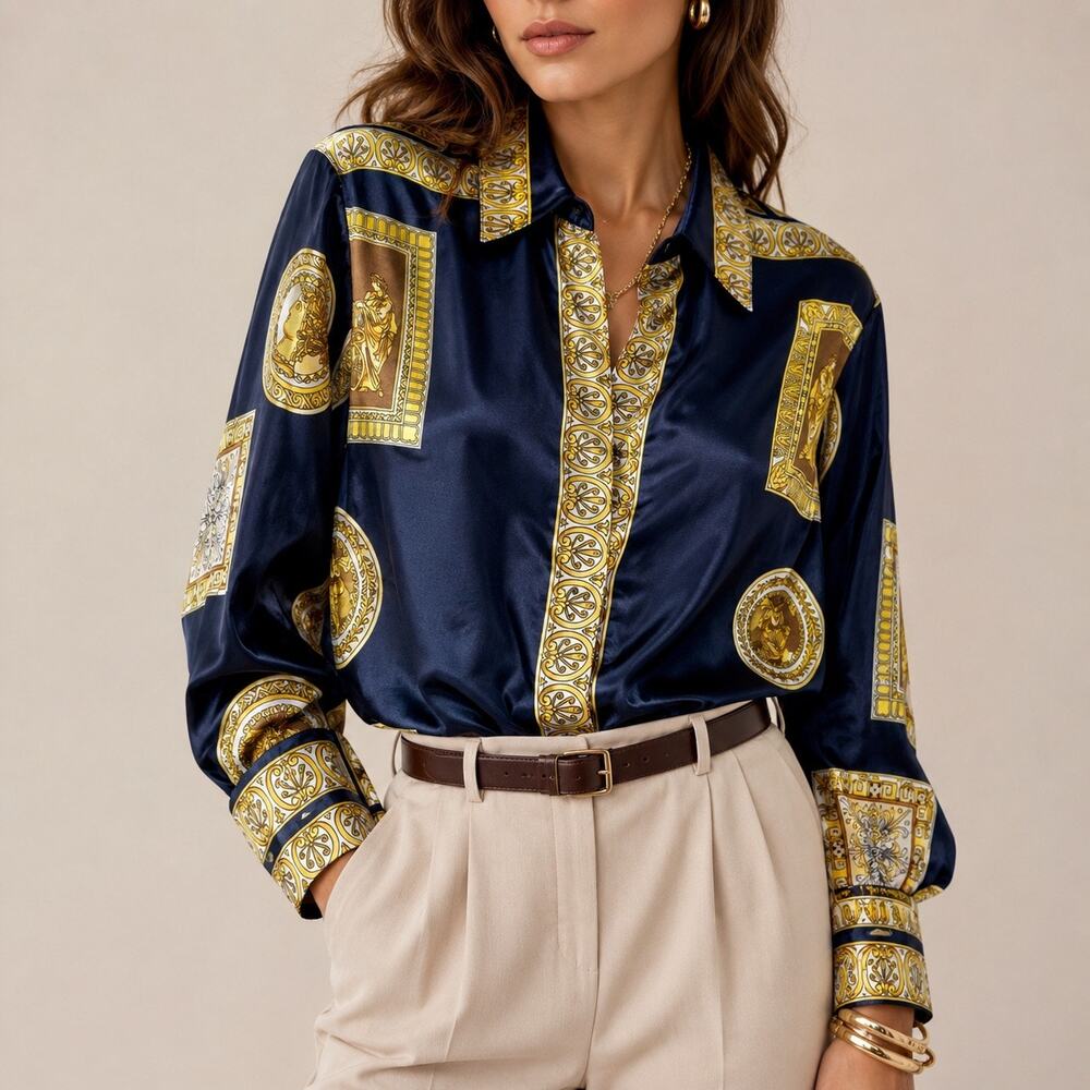 Fred David Navy Baroque Chain Print Satin Blouse Sz 12